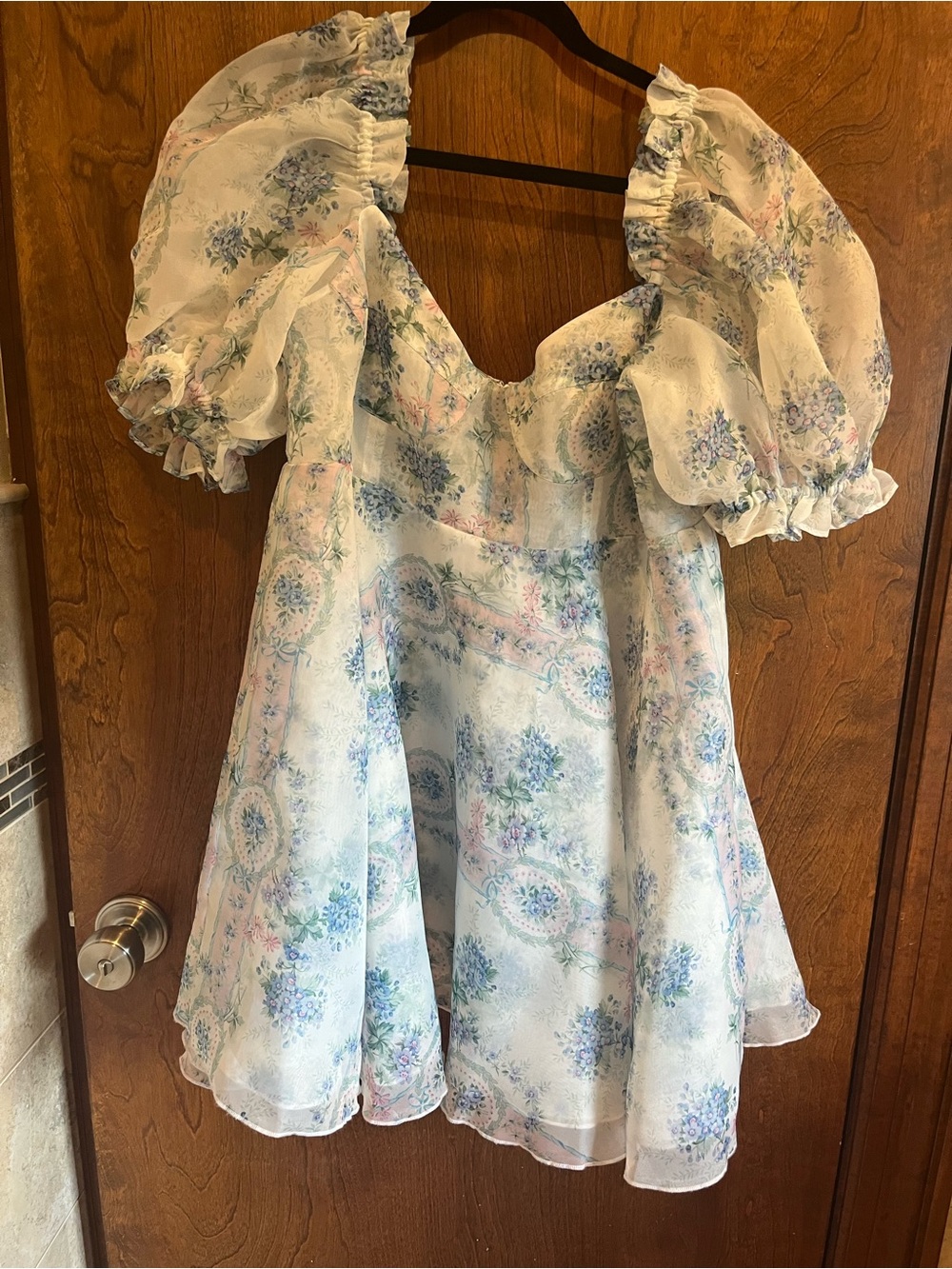 Selkie Floral Puff Sleeve Mini Dress in Light Blue and Blush